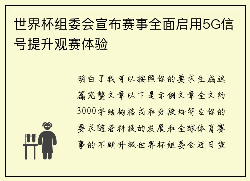 世界杯组委会宣布赛事全面启用5G信号提升观赛体验